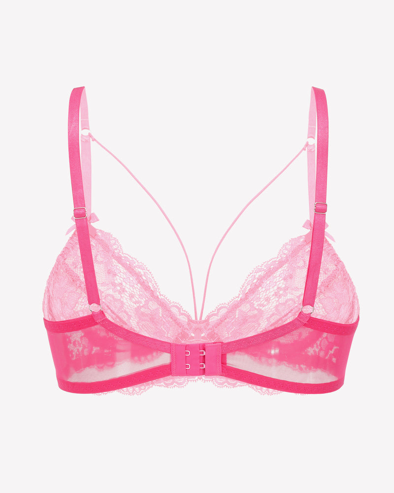 Pink lace unlined strappy bra with adjustable straps and center front hook closure