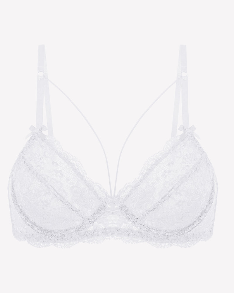 White lace unlined strappy bra with scalloped lace cups and adjustable spaghetti straps