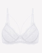 White lace unlined strappy bra with scalloped lace cups and adjustable spaghetti straps