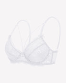 Light gray lace unlined strappy bra with underwire cups and bow-detail thin straps