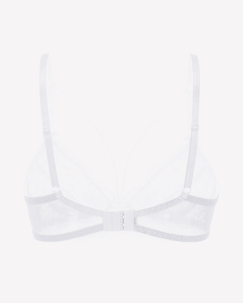 White lace unlined strappy bra with underwire and adjustable spaghetti straps