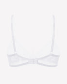 White lace unlined strappy bra with underwire and adjustable spaghetti straps