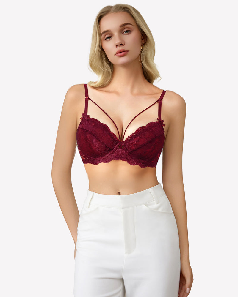 Lace unlined strappy bra in dark red with lace cups, bow accents, and thin straps