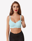 Seamless light blue maternity bra with adjustable straps and molded V-neck cups