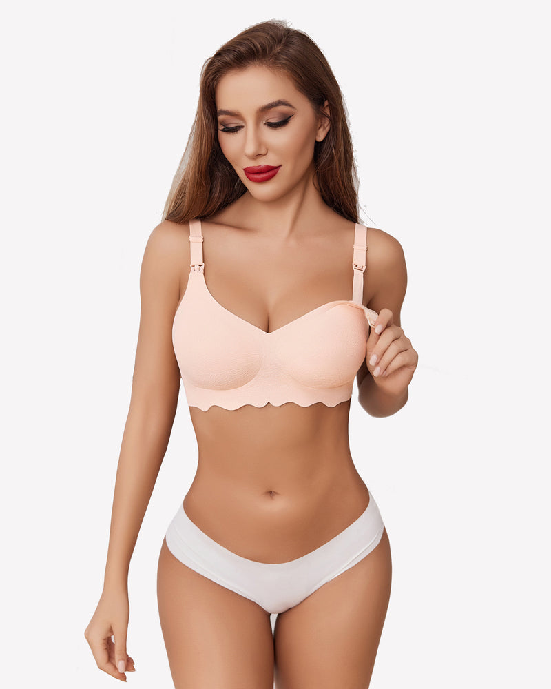 Seamless apricot maternity bra with adjustable straps and molded V-neck cups