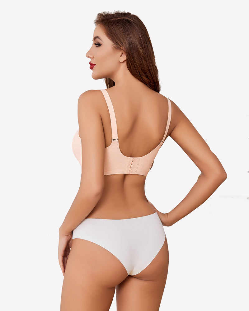 Seamless apricot maternity bra from the back with adjustable shoulder straps