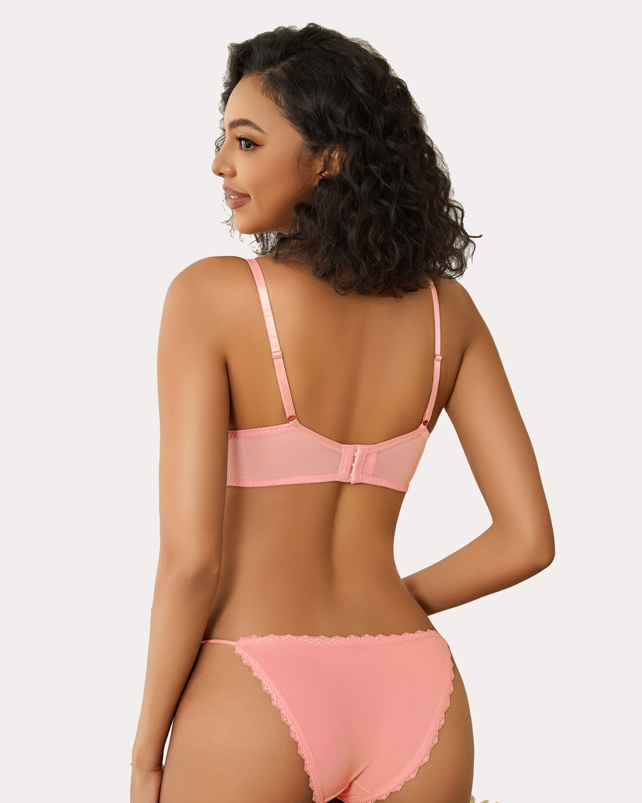 Minimizer sheer balconette bra in pink lace, back view with adjustable straps