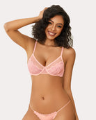 Minimizer sheer balconette bra in pink lace with scalloped trim and thin straps