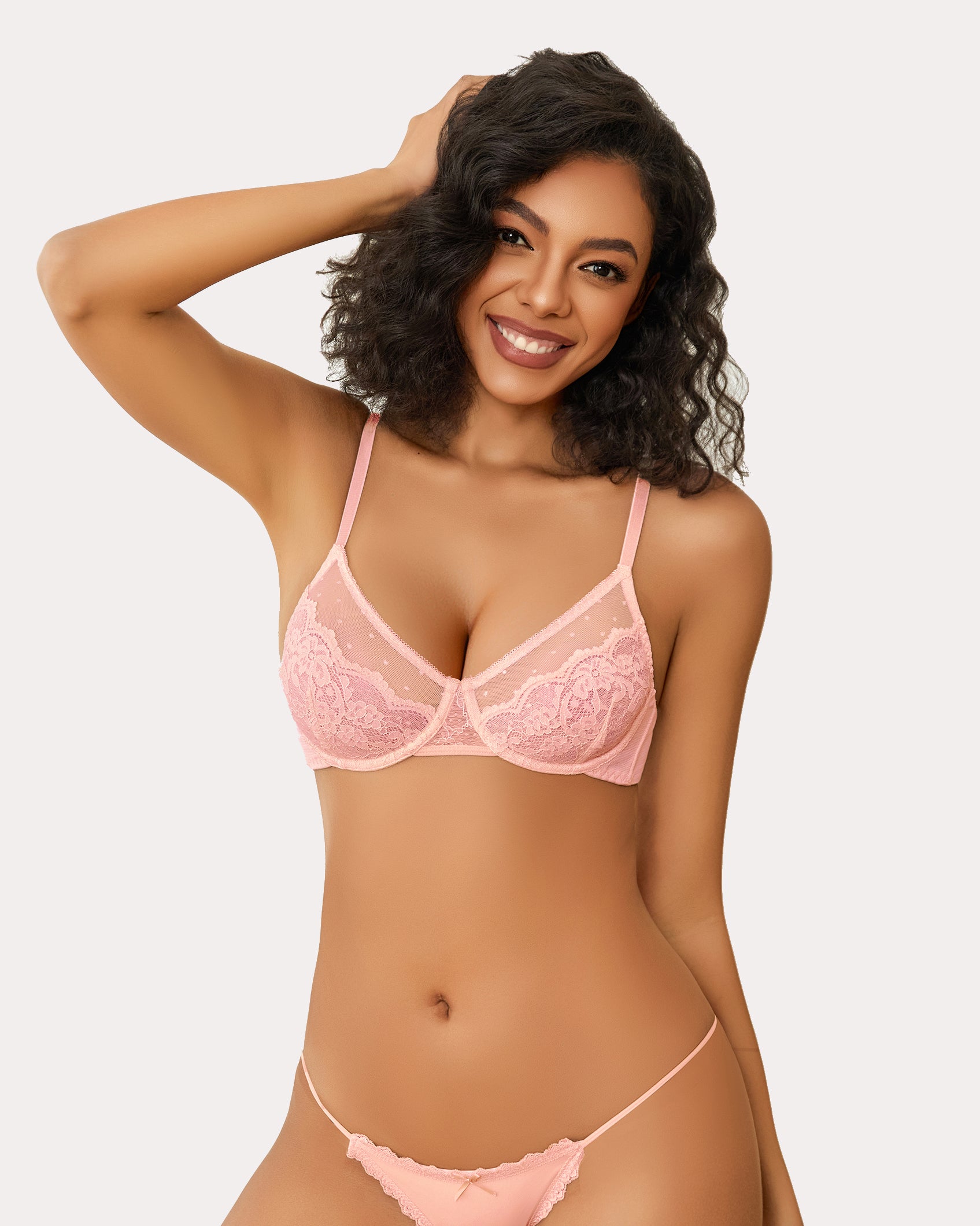 Minimizer sheer balconette bra in pink lace with scalloped trim and thin straps