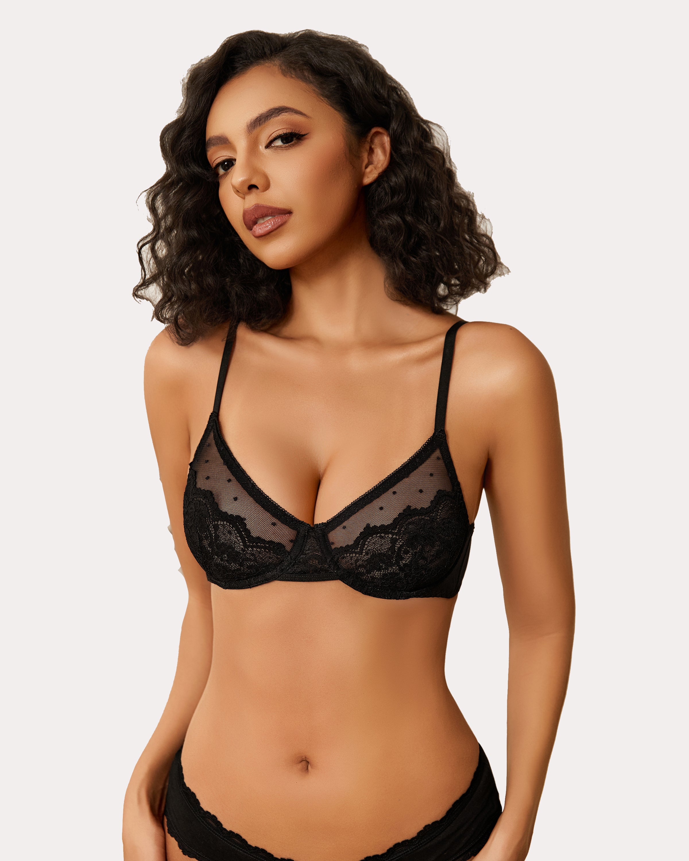 Minimizer sheer balconette bra in black lace with adjustable thin straps