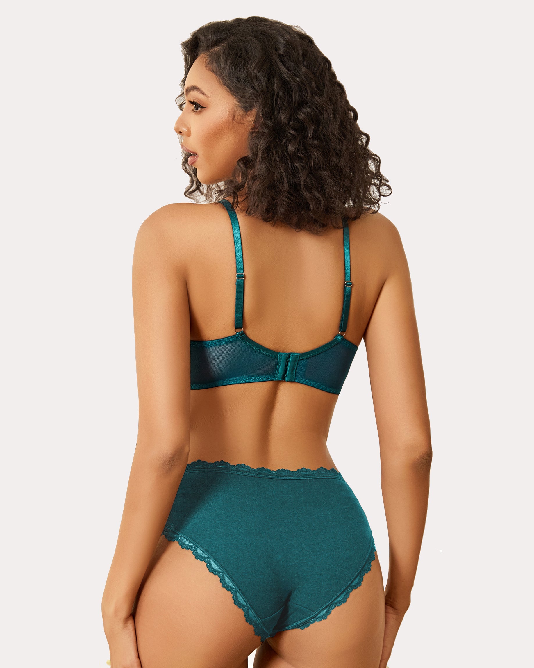 Sheer balconette minimizer bra back view with adjustable straps, teal