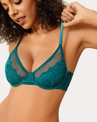 Minimizer sheer balconette bra in teal lace with scalloped edge and thin straps