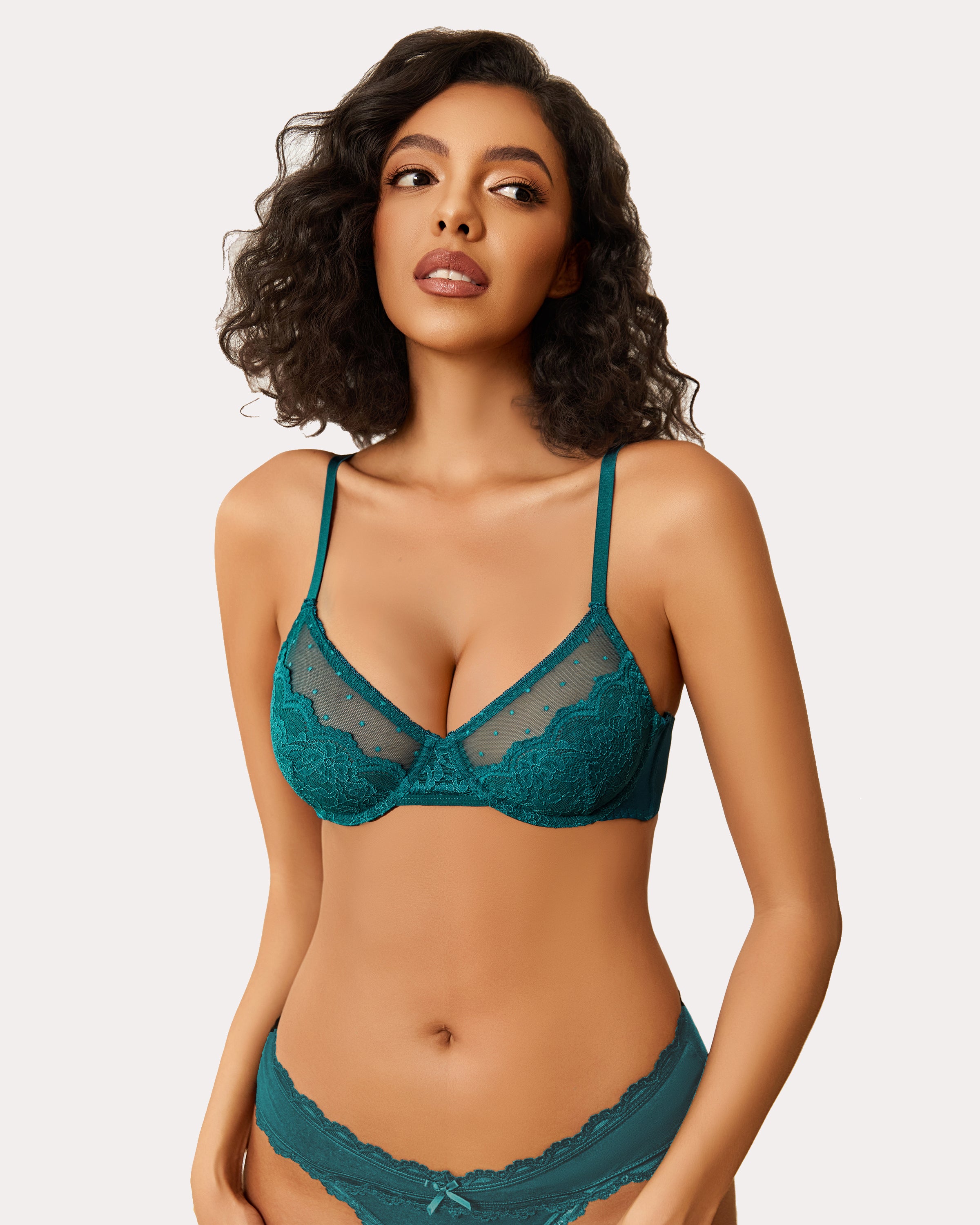 Sheer balconette minimizer bra with lace cups and adjustable straps, teal