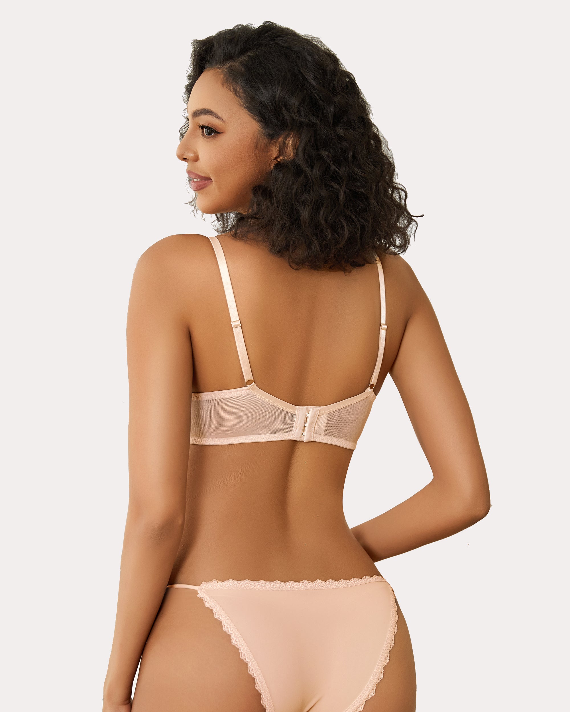 Minimizer sheer balconette bra in light beige lace, back view with adjustable straps