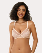 Sheer balconette minimizer bra with lace cups and adjustable straps, white