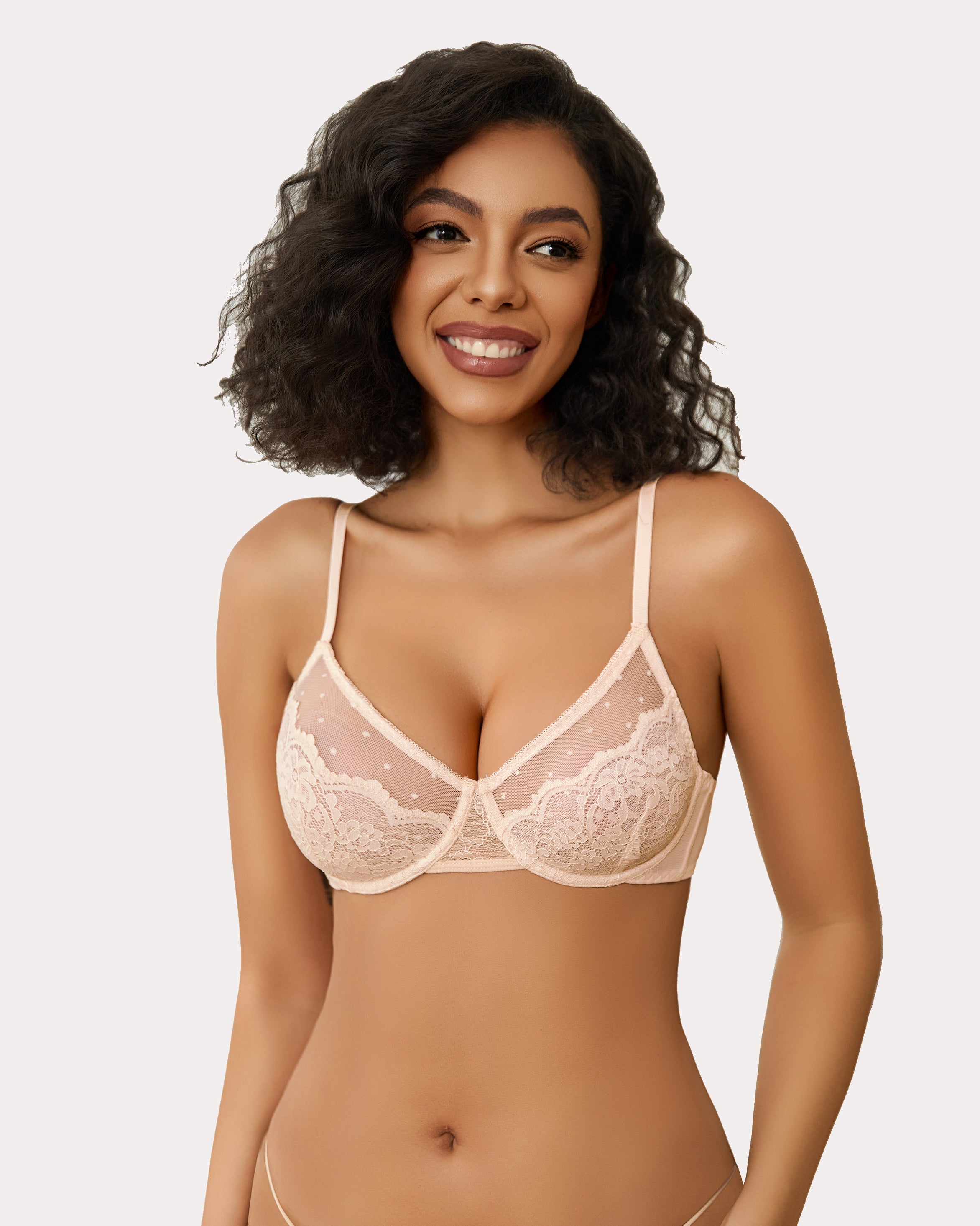 Sheer balconette minimizer bra with lace cups and adjustable straps, white