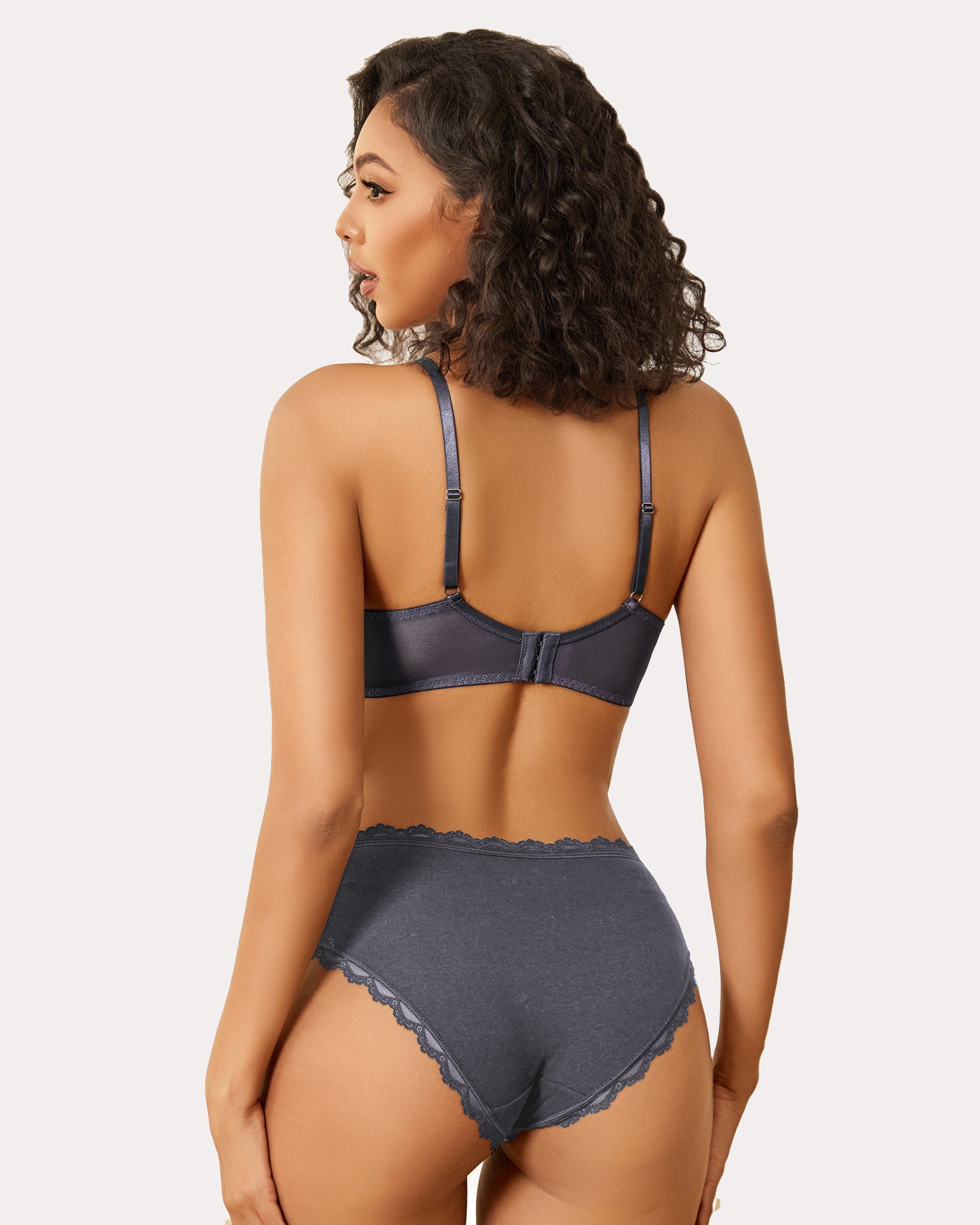 Sheer balconette minimizer bra back view with adjustable straps, dark grayish blue