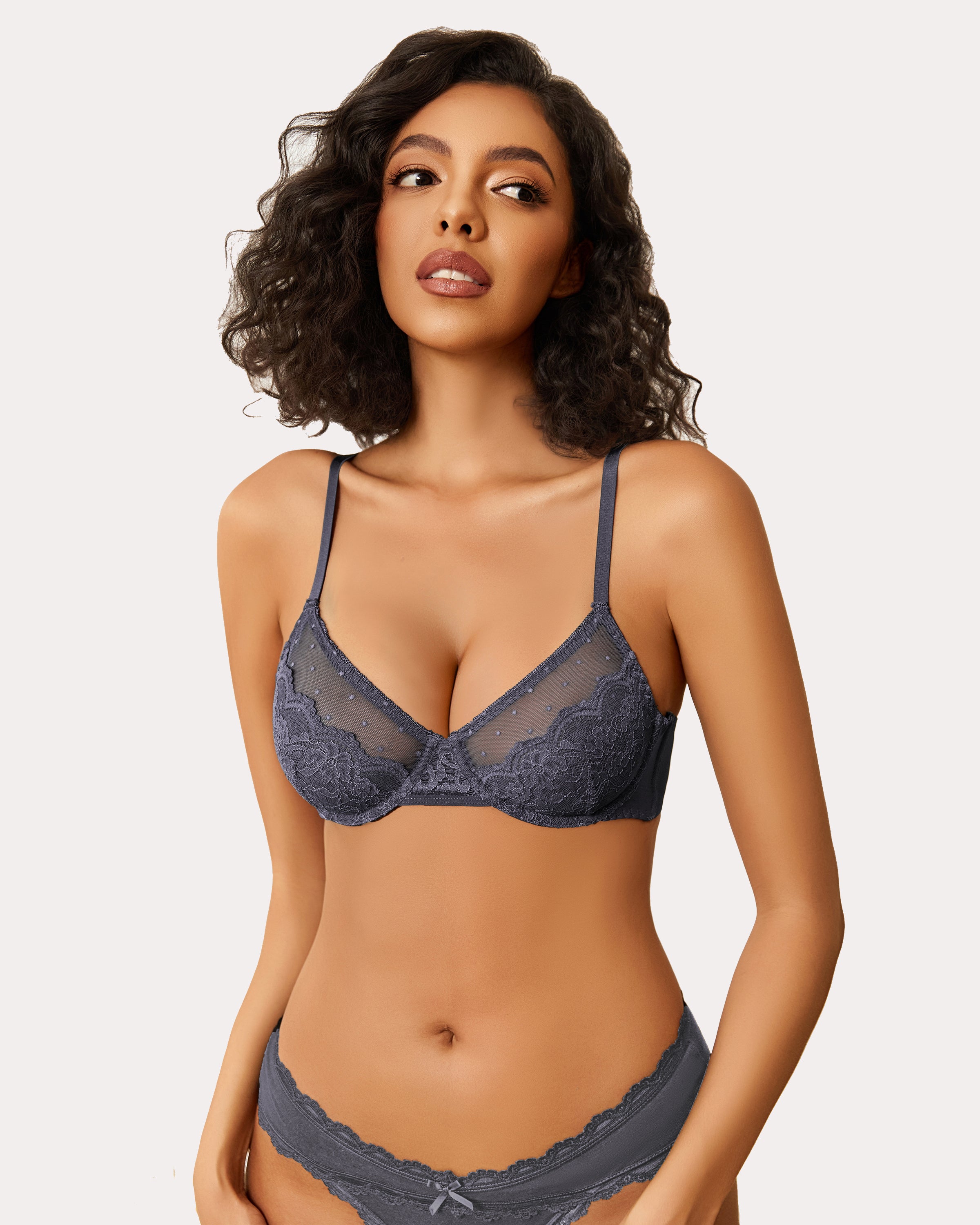 Sheer balconette minimizer bra with lace cups and adjustable straps, dark grayish blue