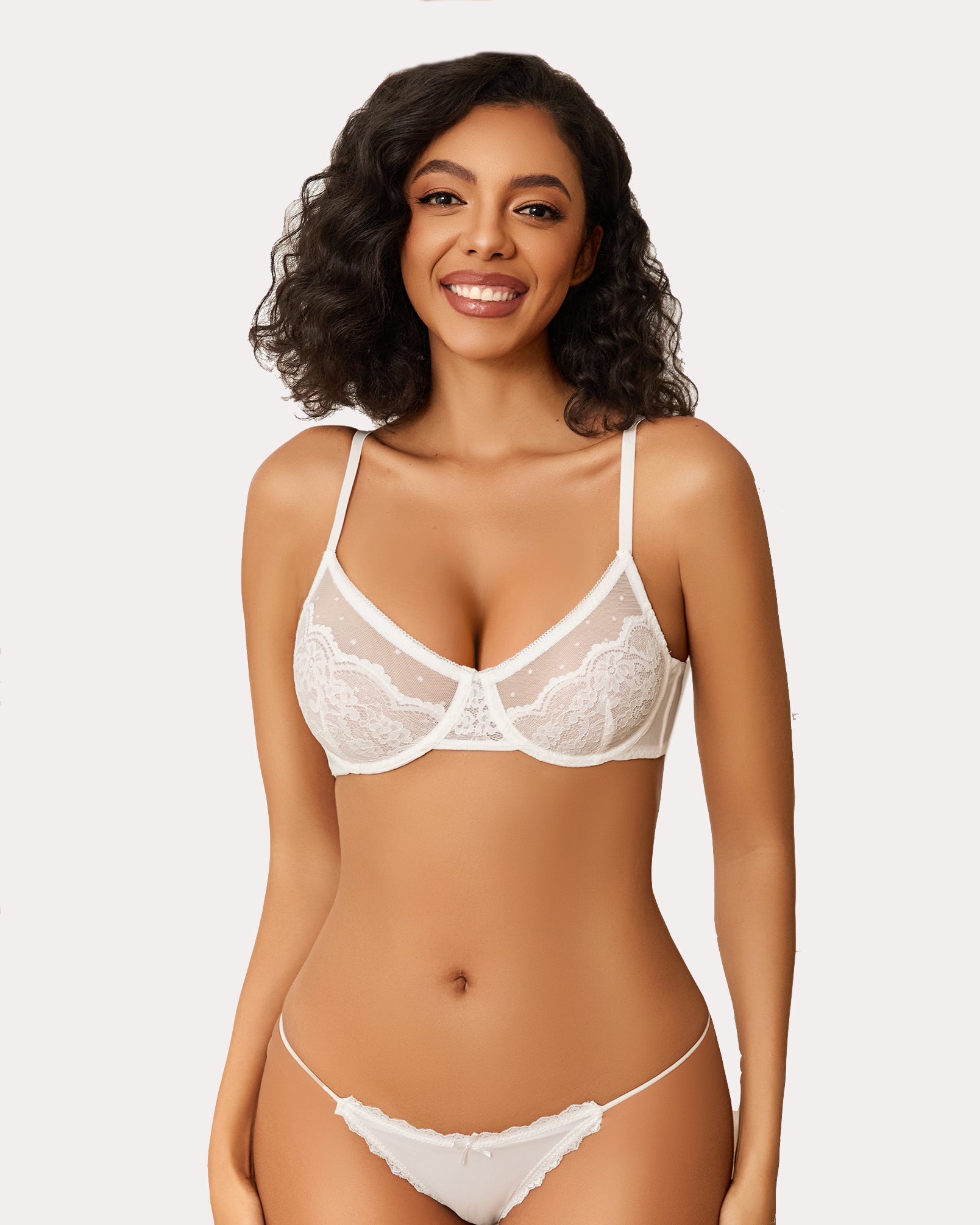 Sheer balconette minimizer bra with lace cups and adjustable straps, white