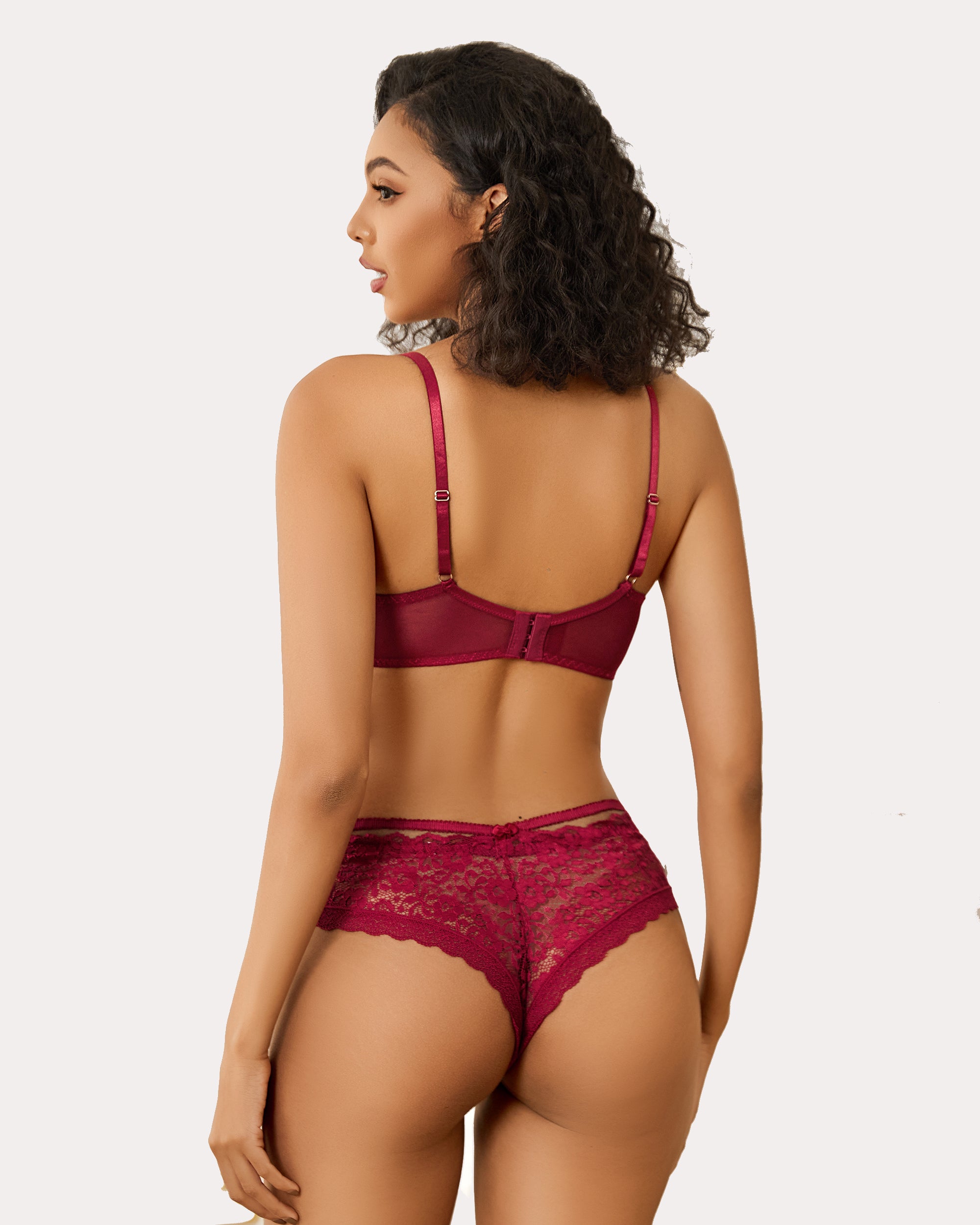 Minimizer sheer balconette bra in burgundy lace, back view with adjustable straps