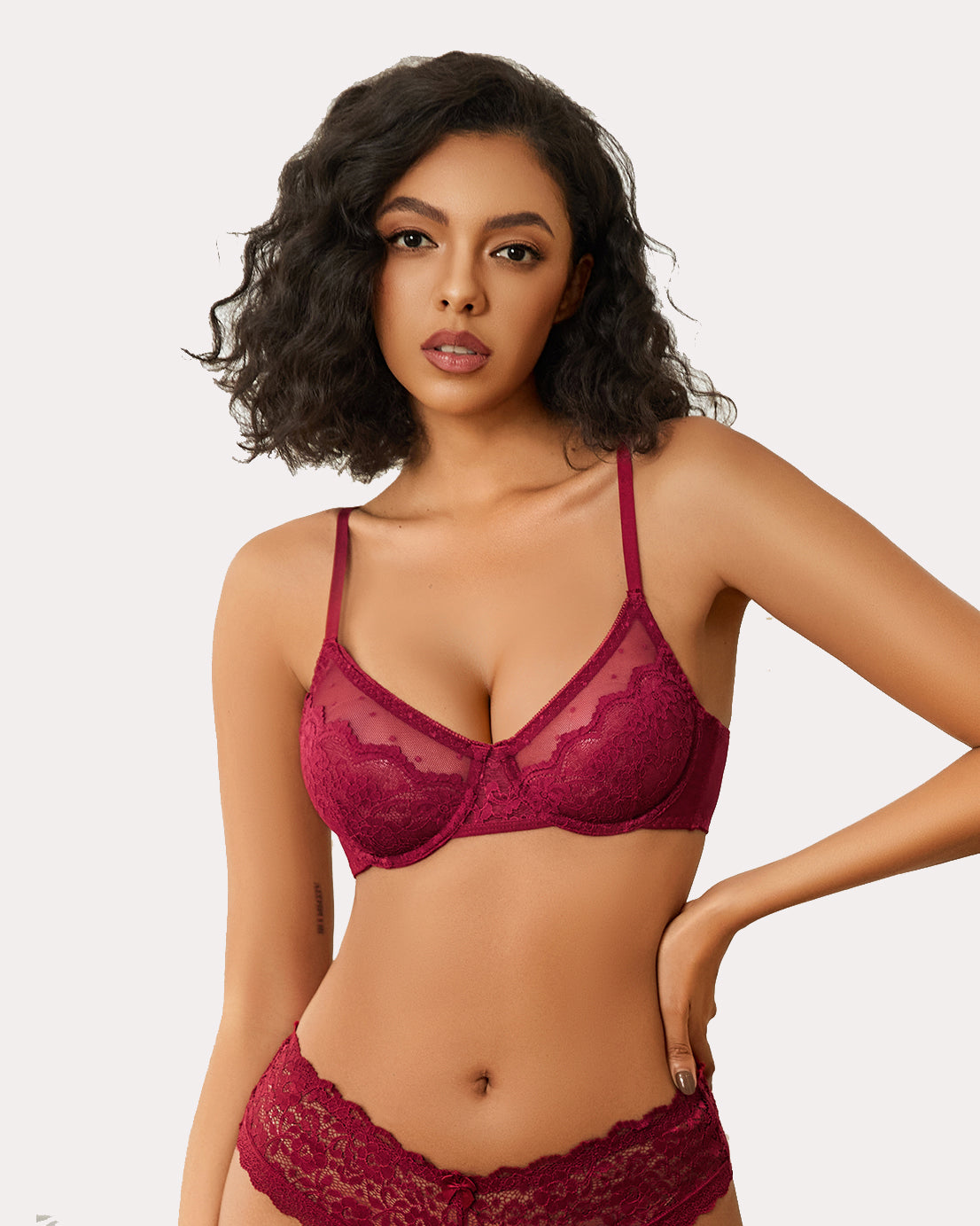 Minimizer sheer balconette bra in burgundy lace with balconette cups and thin straps