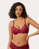 Minimizer sheer balconette bra in burgundy lace with balconette cups and thin straps