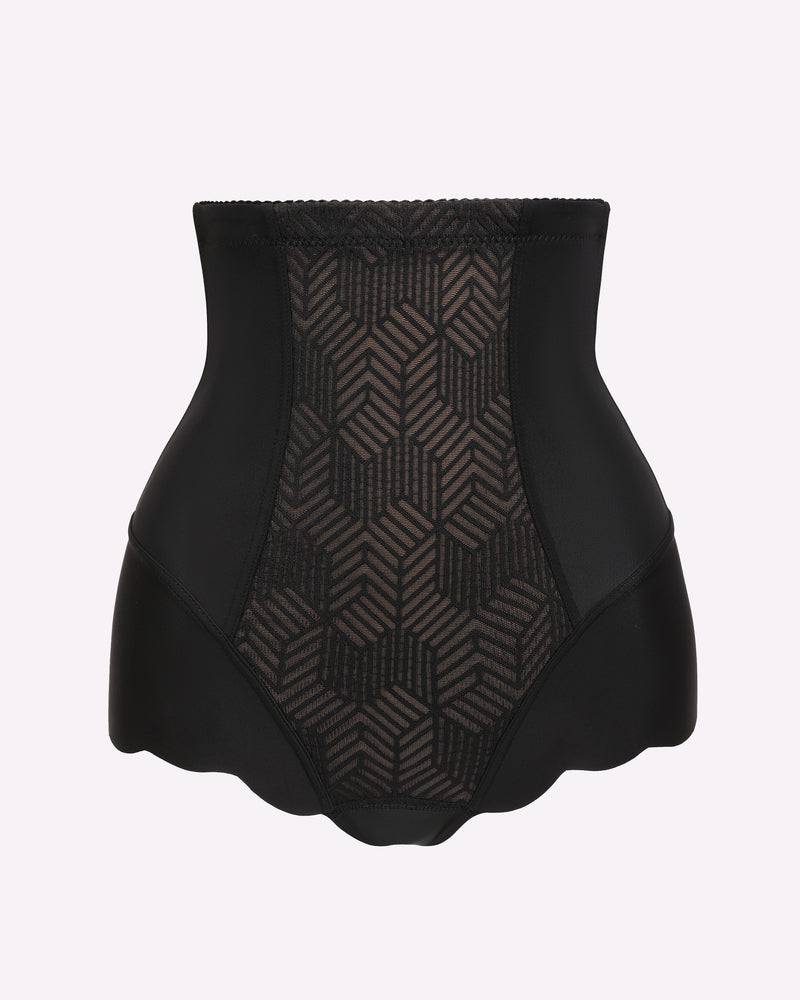 Black tummy control brief shapewear with geometric front compression panel