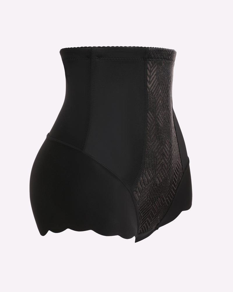 Black shaping panties with textured side panel and scalloped leg hem