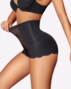 Black high-waist shaping panties with geometric panel and scalloped leg edges