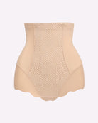 Khaki tummy control brief shapewear with geometric front panel and scalloped leg hem