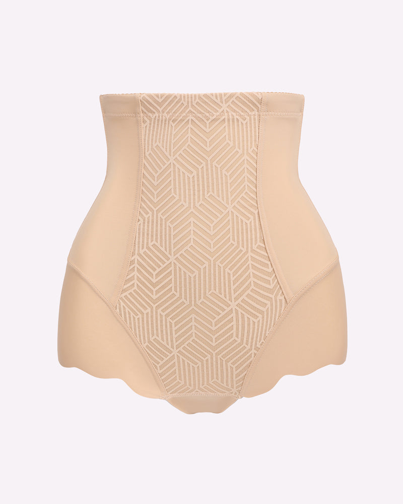 Khaki tummy control brief shapewear with geometric front panel and scalloped leg hem