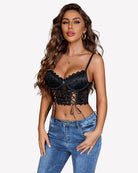 Black lace underwire corset bralette with scalloped cups and lace-up sides