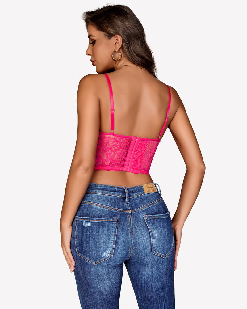 Pink lace underwire corset bralette with adjustable spaghetti straps, back view
