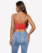 Red lace underwire corset bralette with adjustable straps, back view