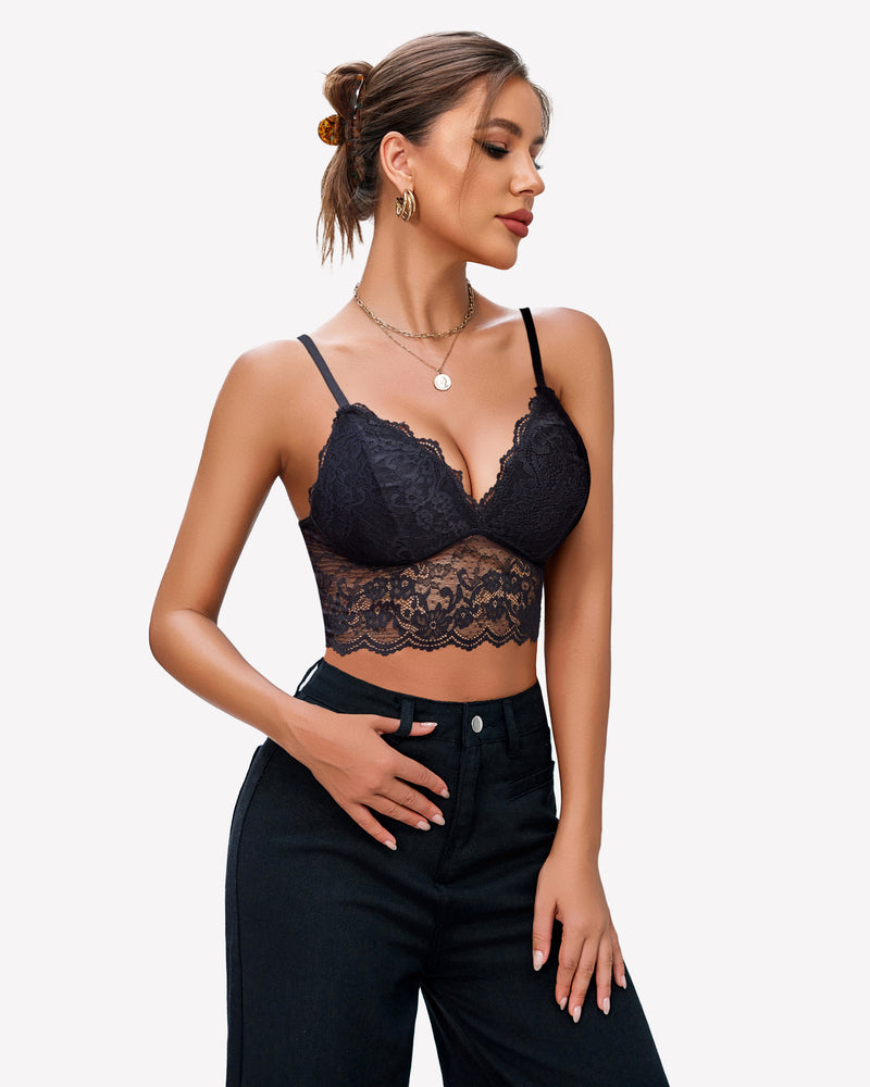Dark navy lace bustier crop top with scalloped V-neck and adjustable cami straps