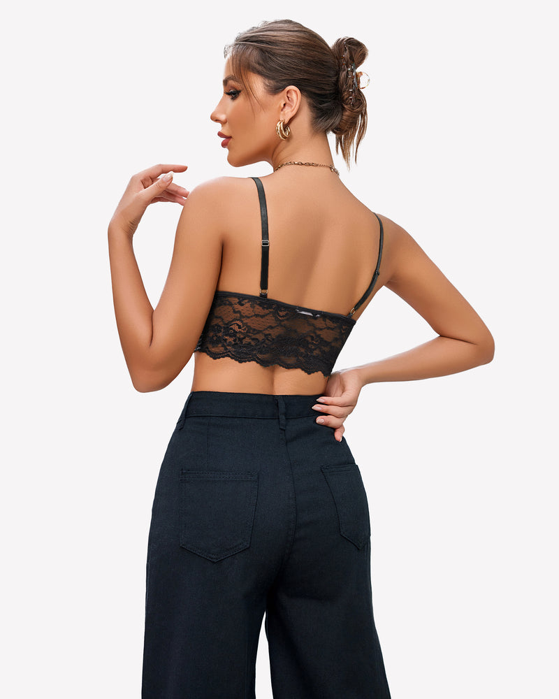 Dark navy lace bustier crop top, back view with thin cami straps and scalloped hem