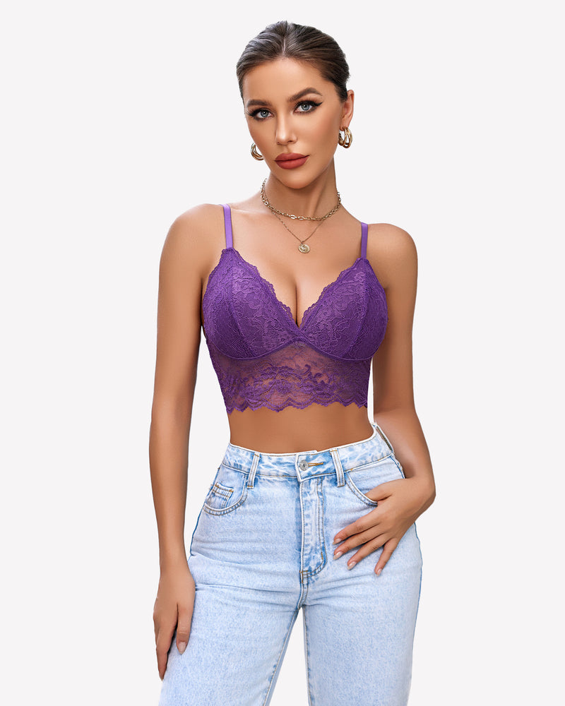 Purple lace bustier crop top with underwire cups and scalloped lace hem