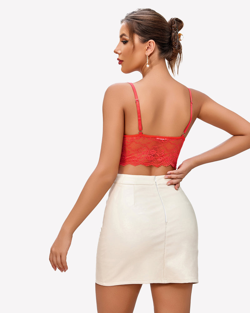 Red lace bustier crop top, back view with thin cami straps and scalloped lace band