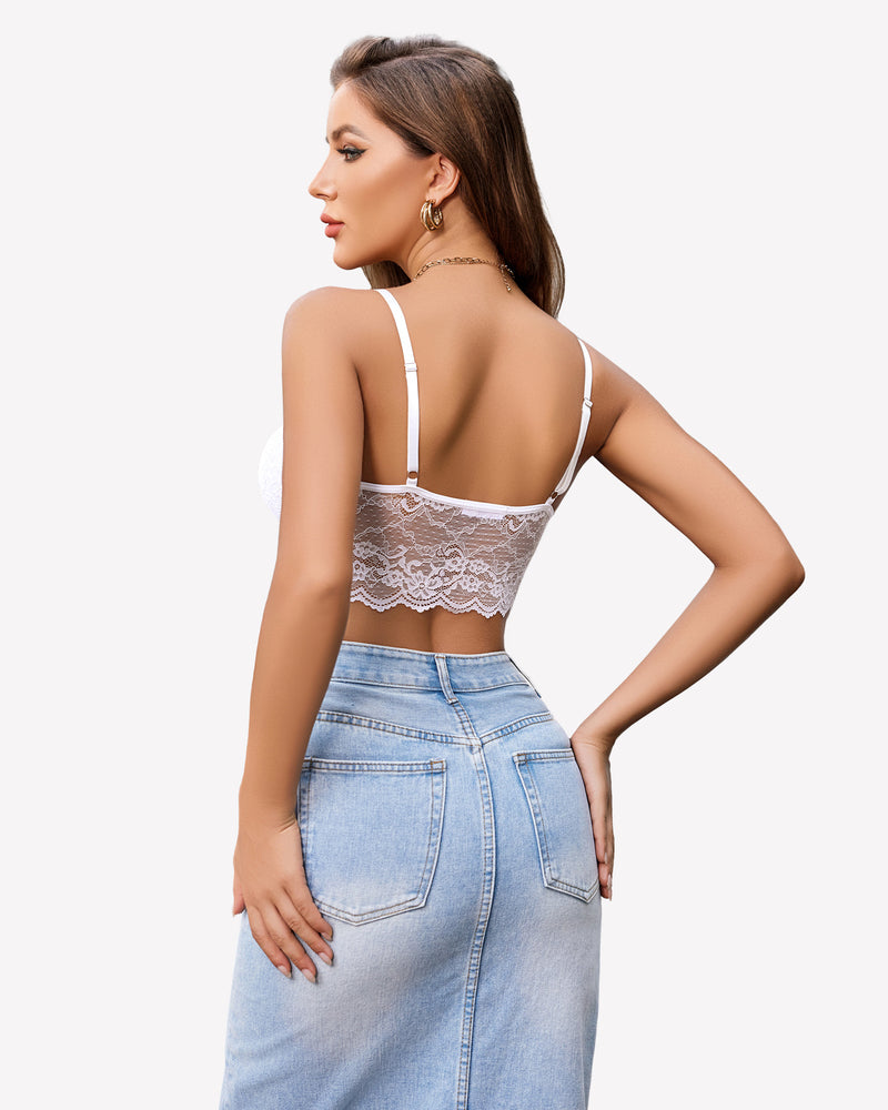 White lace bustier crop top, back view, with lace hem and thin straps