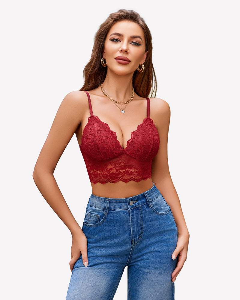Red lace bustier crop top with underwire cups and scalloped lace trim