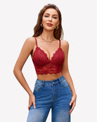 Red lace bustier crop top with underwire cups and scalloped lace trim
