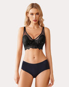 Black lace underwire full coverage bralette with V-neck and scalloped floral cups