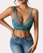 Teal lace underwire bralette with full coverage, floral embroidery cups and V front