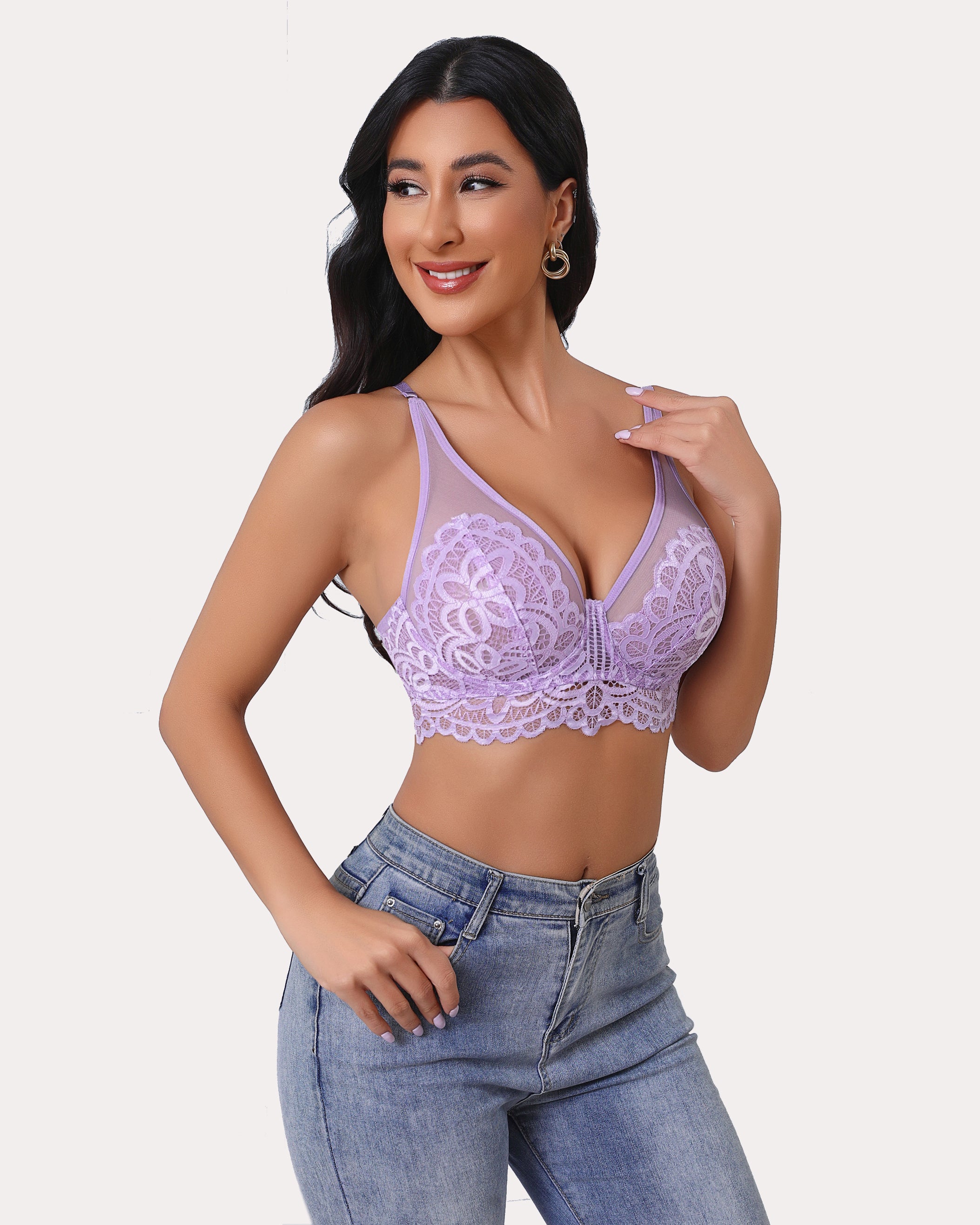 Lilac lace underwire full coverage bralette with V-neckline and lace-trim straps