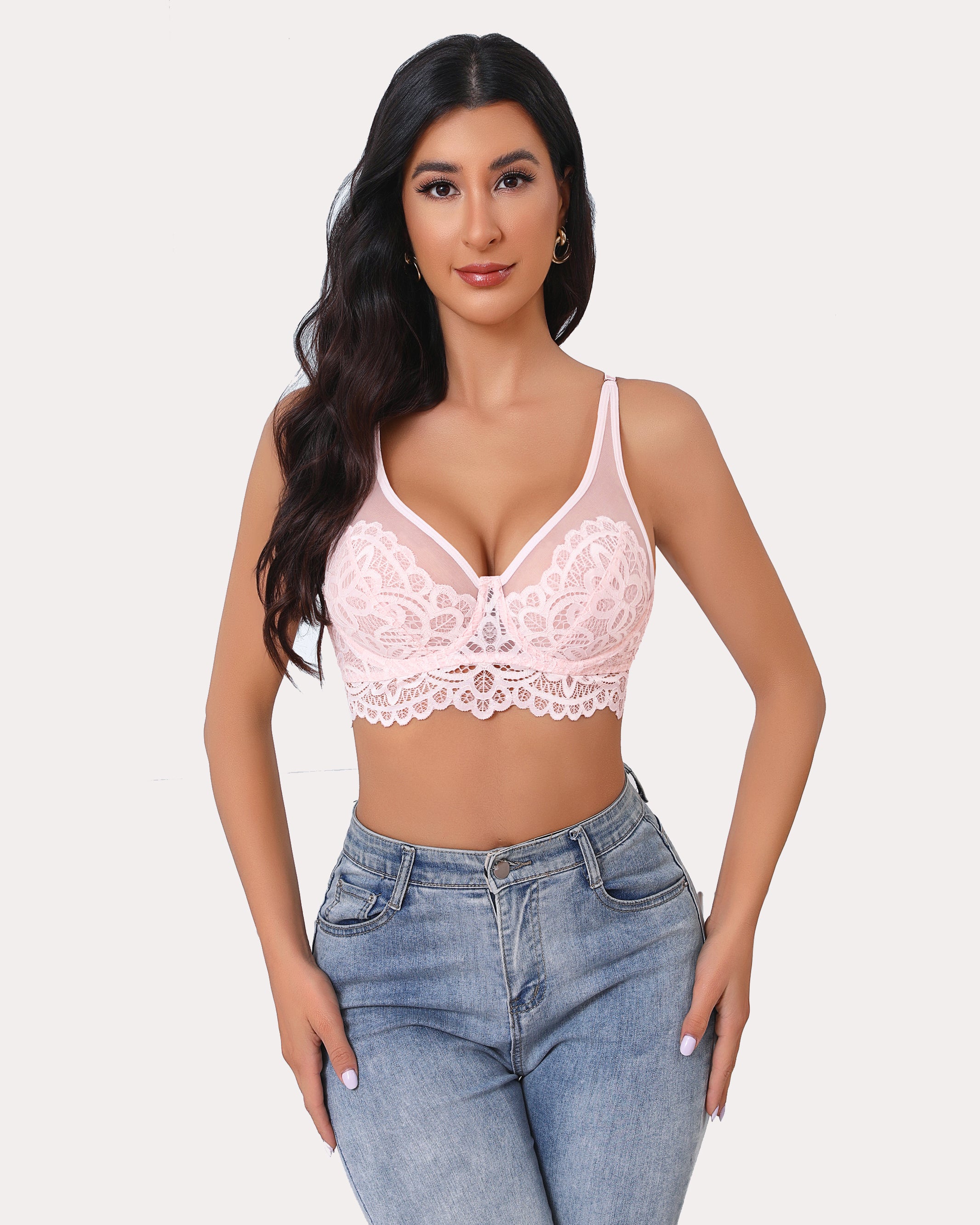 Pink lace underwire full coverage bralette with V-neck and lace hem trim