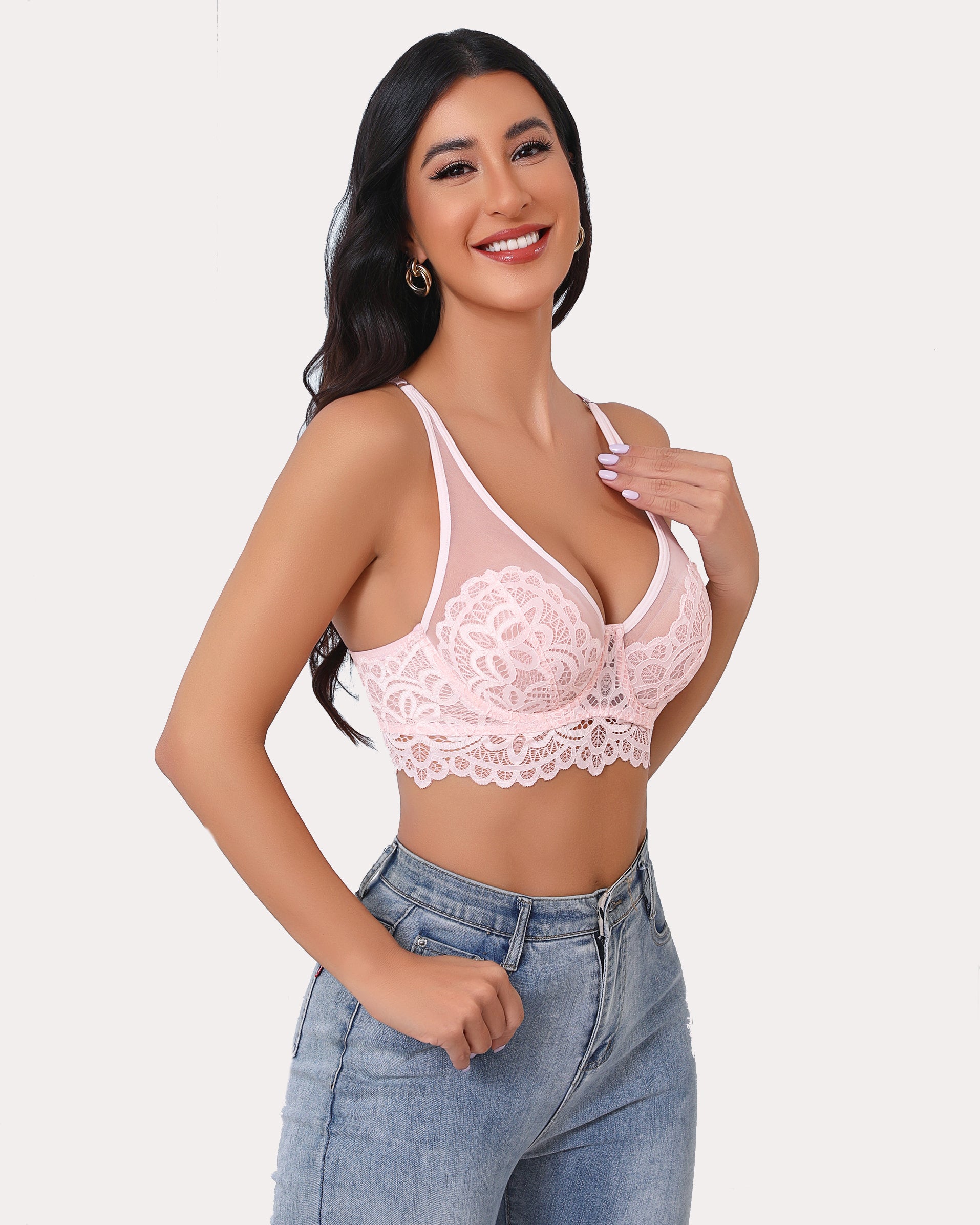 Pink lace underwire full coverage bralette with V-neckline and floral cups