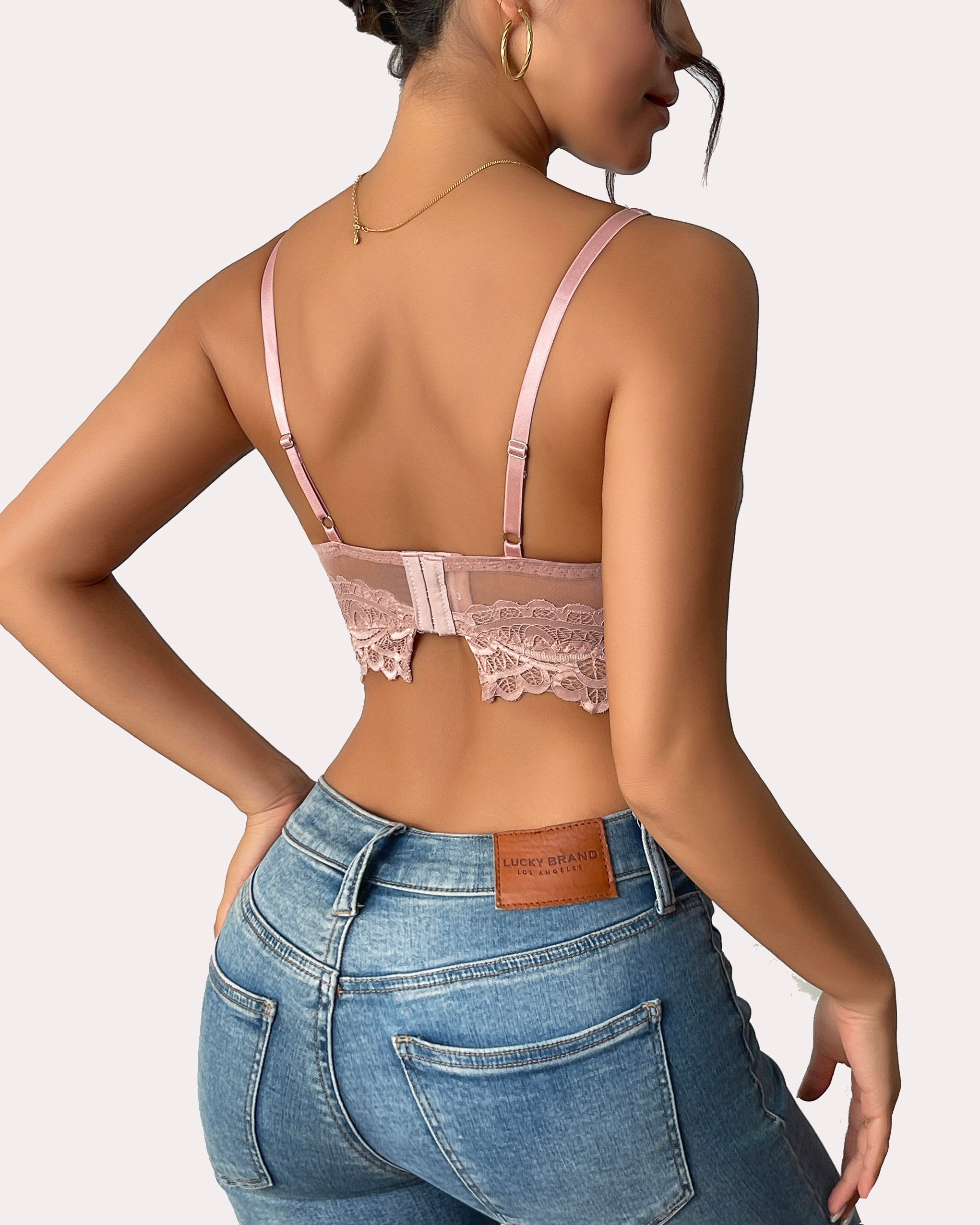 Lilac lace underwire bralette with full coverage, scalloped trim and adjustable straps