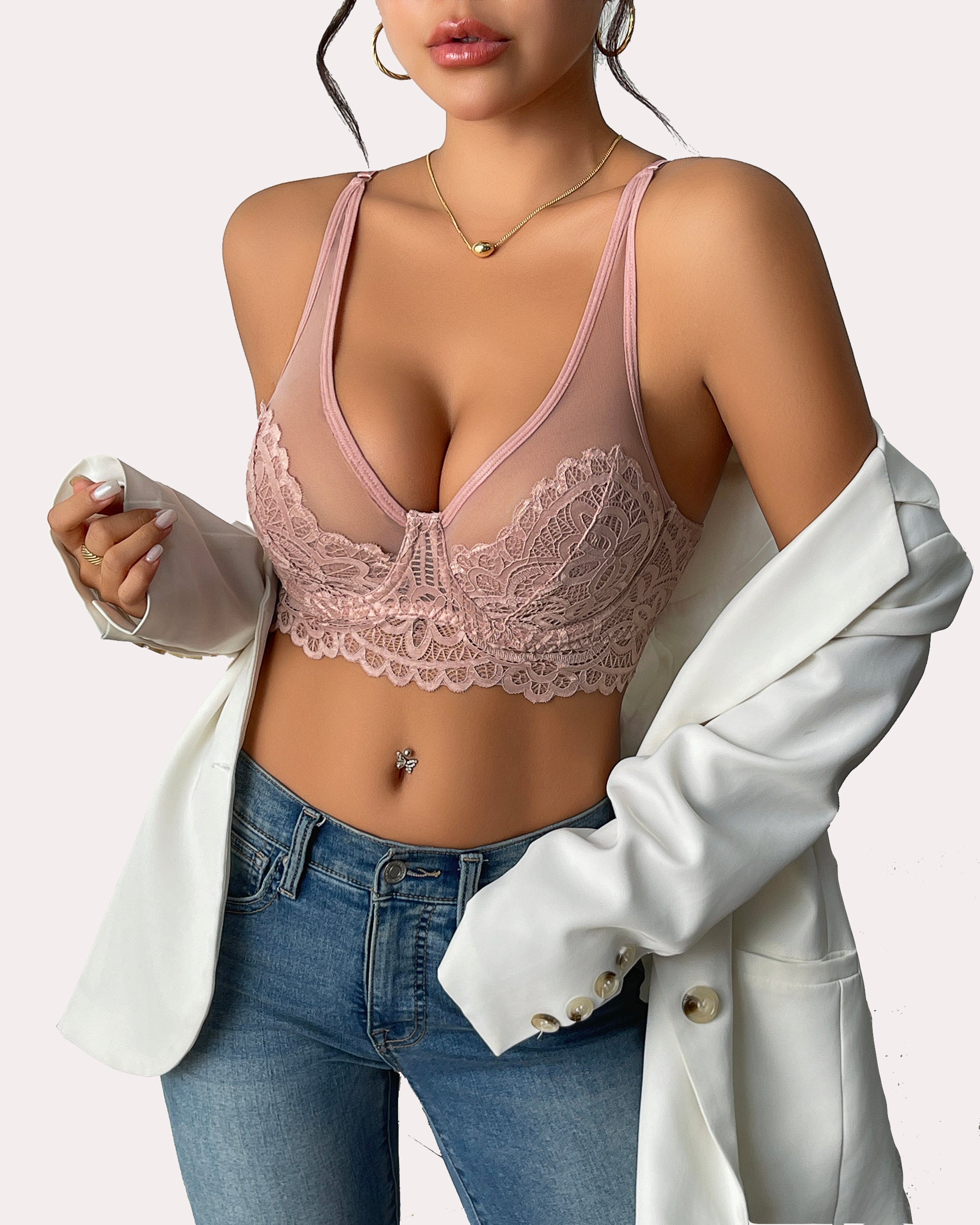 Pale pink lace underwire full-coverage bralette with V-neckline and adjustable straps