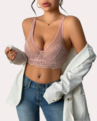 Pale pink lace underwire full-coverage bralette with V-neckline and adjustable straps