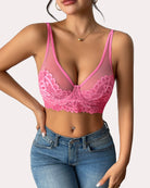 Pink lace underwire bralette with full coverage, lace-trimmed plunge neckline and straps